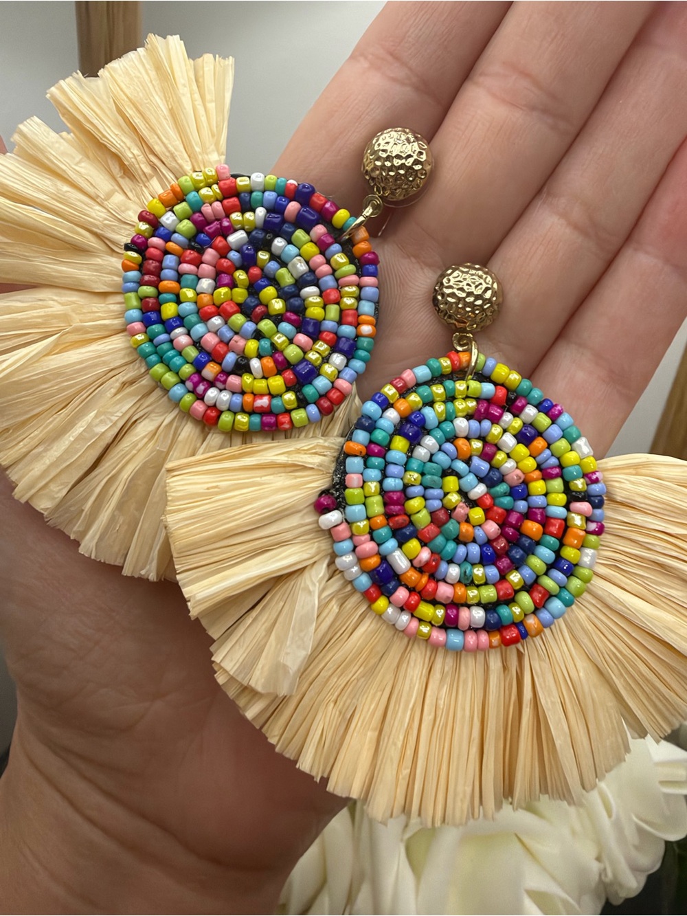 Beaded Multicolor Raffia Fringe Earrings - Unbranded